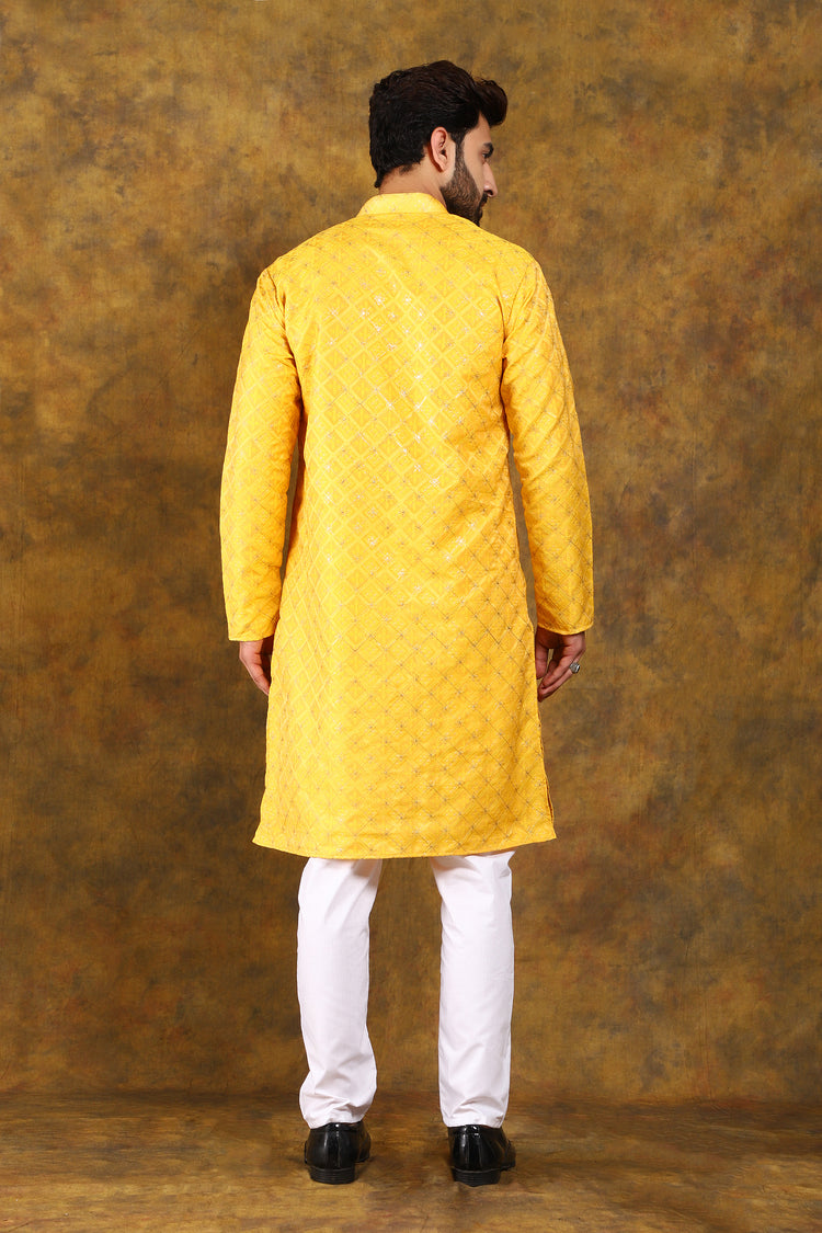 Yellow Party Wear Embroidery Men's Kurta Pajama Set