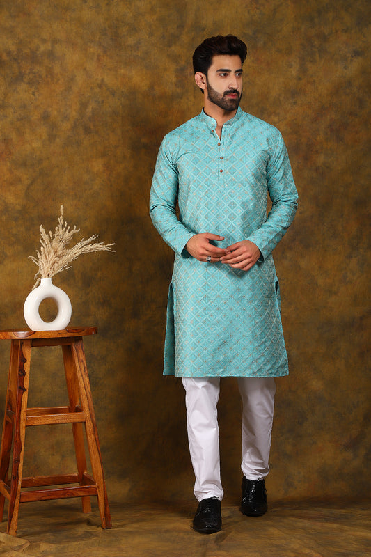 BLUESAANCHI MEN'S SKY BLUE EMBROIDERED KURTA SET