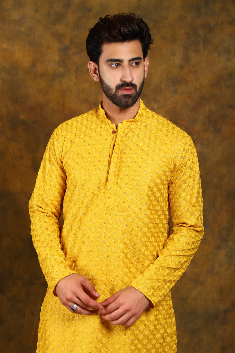 Dark Yellow Party Wear Motif Men's Kurta Pajama Set