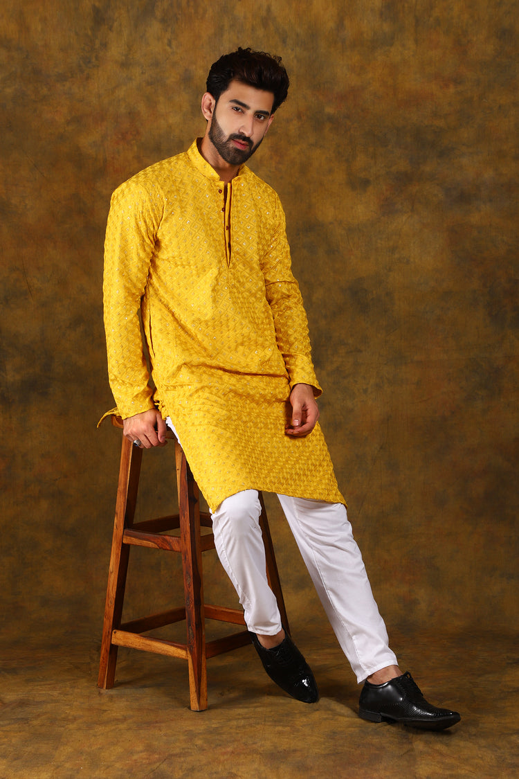 Dark Yellow Party Wear Motif Men's Kurta Pajama Set