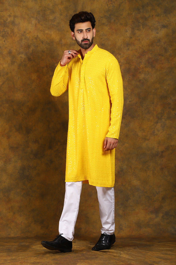 Yellow Party Wear Men's Kurta Pajama Set