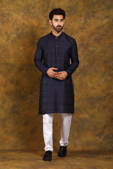 BLUESAANCHI MEN'S NAVY BLUE ZARI EMBROIDERY KURTA PYJAMA