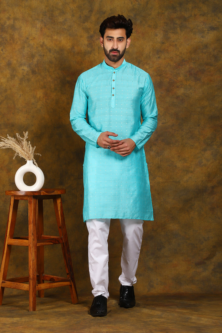 BLUESAANCHI MEN'S LIGHT BLUE ZARI EMBROIDERY KURTA SET