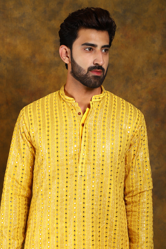 Yellow Party Wear Mirror Work Men's Kurta Pajama Set