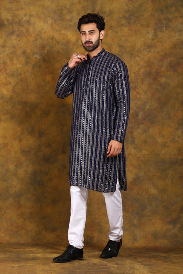 BLUESAANCHI MEN'S NAVY BLUE MIRROR KURTA SET