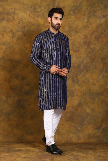 BLUESAANCHI MEN'S NAVY BLUE MIRROR KURTA SET