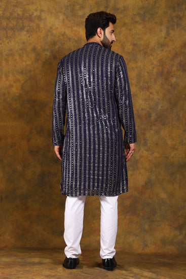 BLUESAANCHI MEN'S NAVY BLUE MIRROR KURTA SET