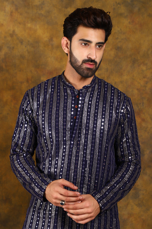 BLUESAANCHI MEN'S NAVY BLUE MIRROR KURTA SET