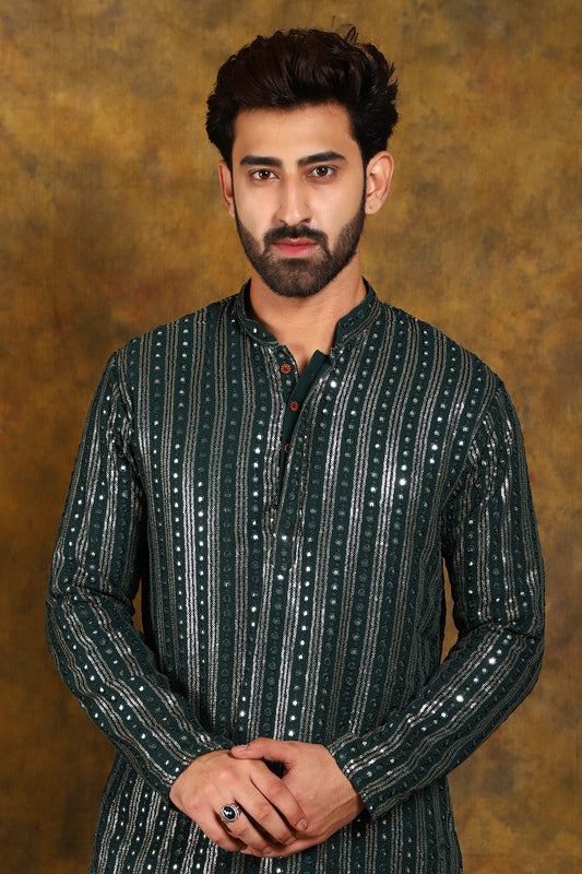 BLUESAANCHI MEN'S DARK GREEN MIRROR EMBROIDERY KURTA SET