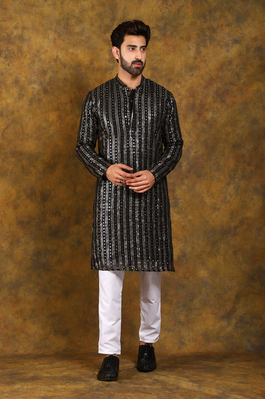 BLUESAANCHI MEN'S BLACK MIRROR KURTA SET