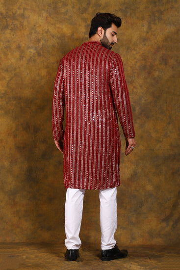 BLUESAANCHI MEN'S RED MIRROR WORK KURTA SET