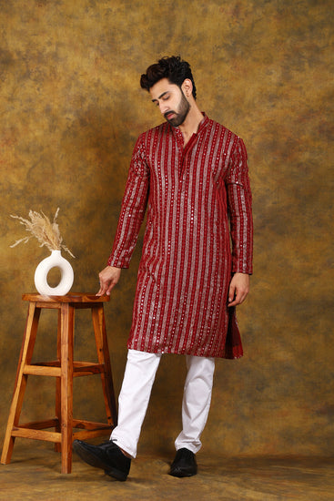 BLUESAANCHI MEN'S RED MIRROR WORK KURTA SET