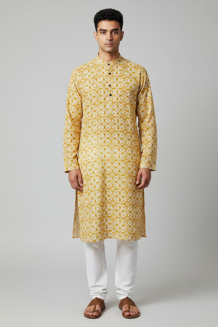 Men's Yellow Printed Kurta Pajama Set