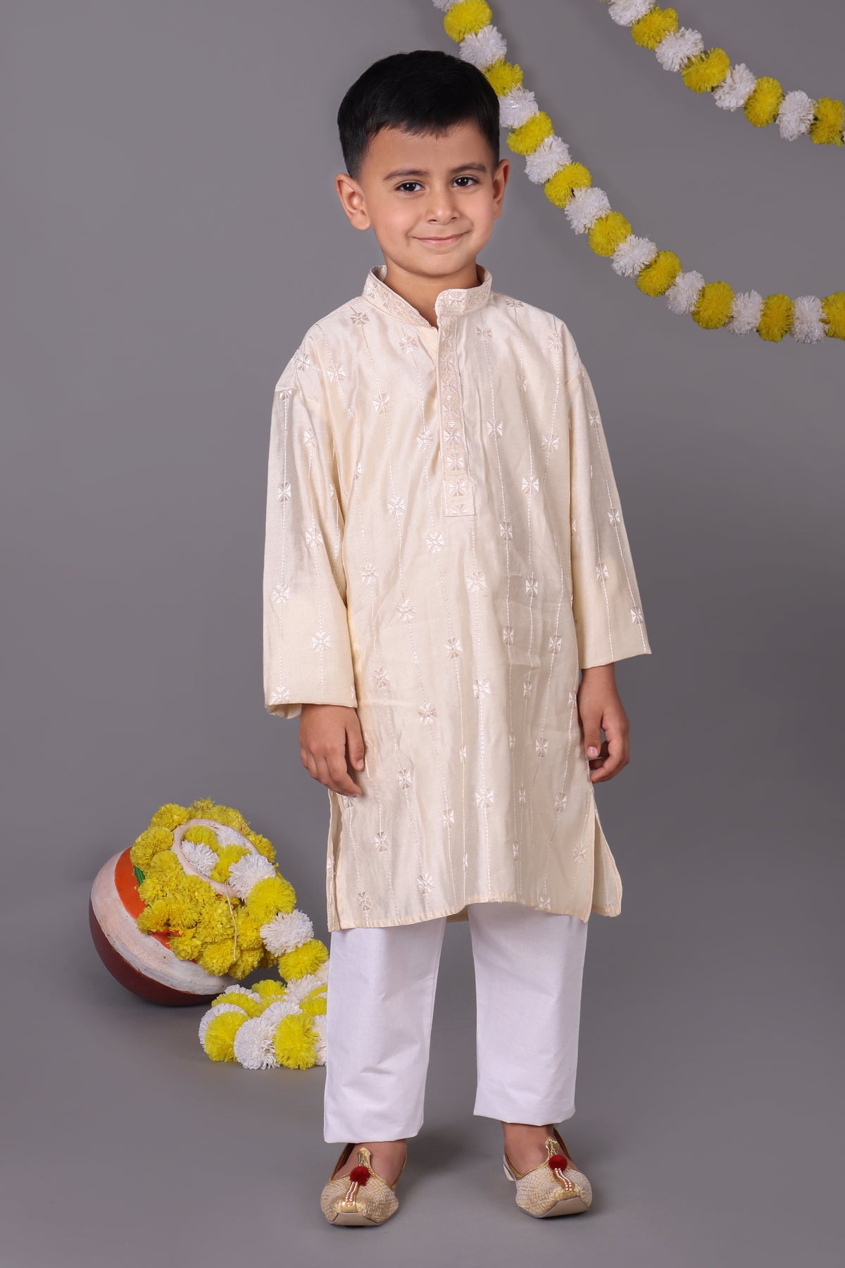 Fresh & Pure Cream Mirror Work Kids Kurta Set for a Timeless Look