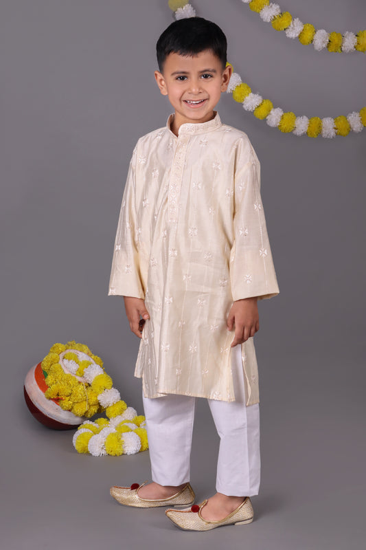 Fresh & Pure Cream Mirror Work Kids Kurta Set for a Timeless Look