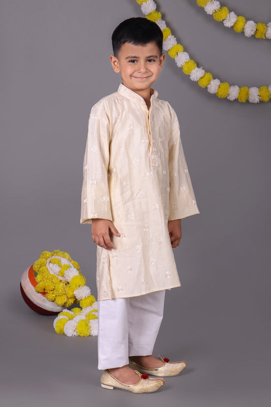 Fresh & Pure Cream Mirror Work Kids Kurta Set for a Timeless Look