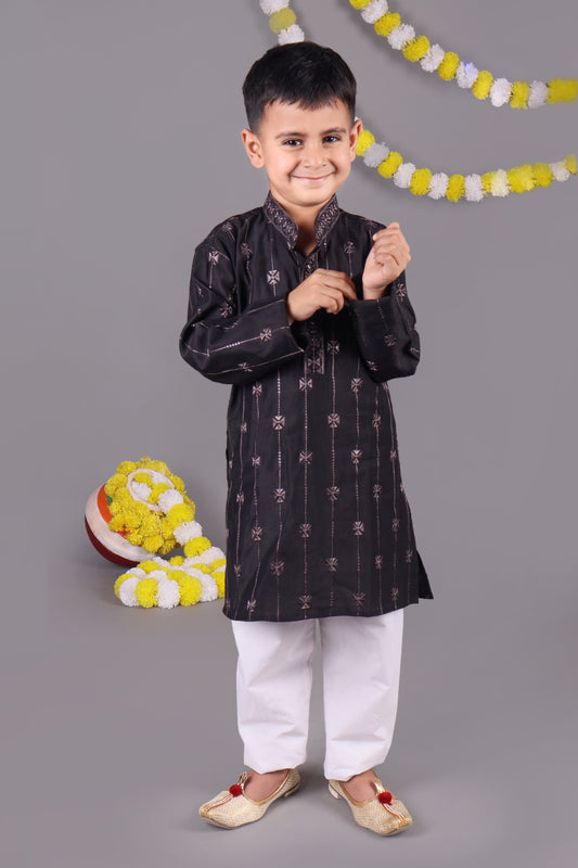 Classic Cool Black Mirror Work Kids Kurta Set with a Modern Twist