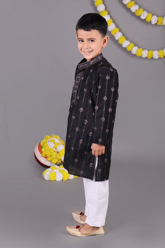 Classic Cool Black Mirror Work Kids Kurta Set with a Modern Twist