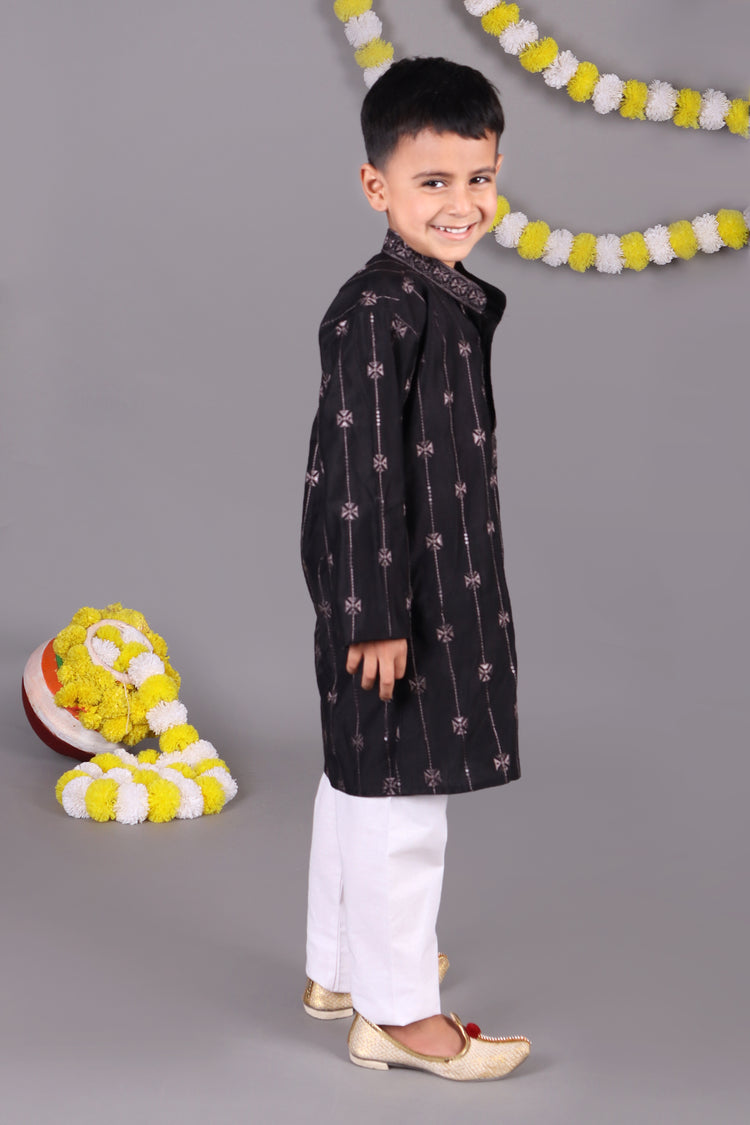 Classic Cool Black Mirror Work Kids Kurta Set with a Modern Twist