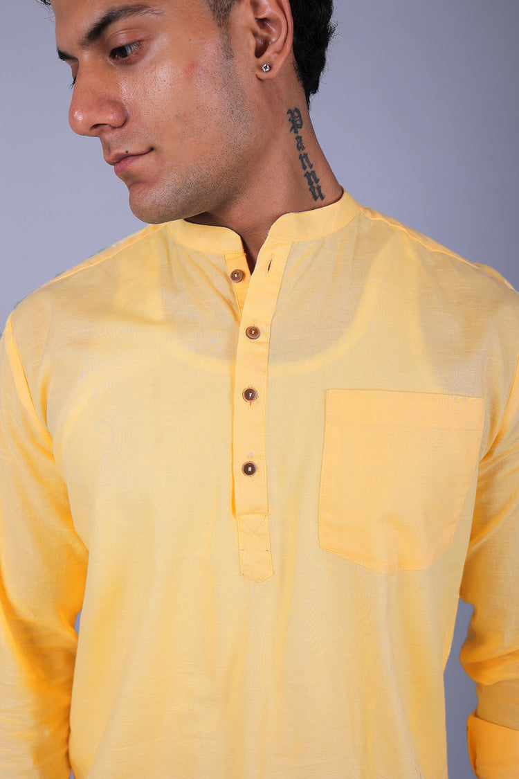 Bluebird Men's Short Kurta in Yellow - 100% Pure Cotton