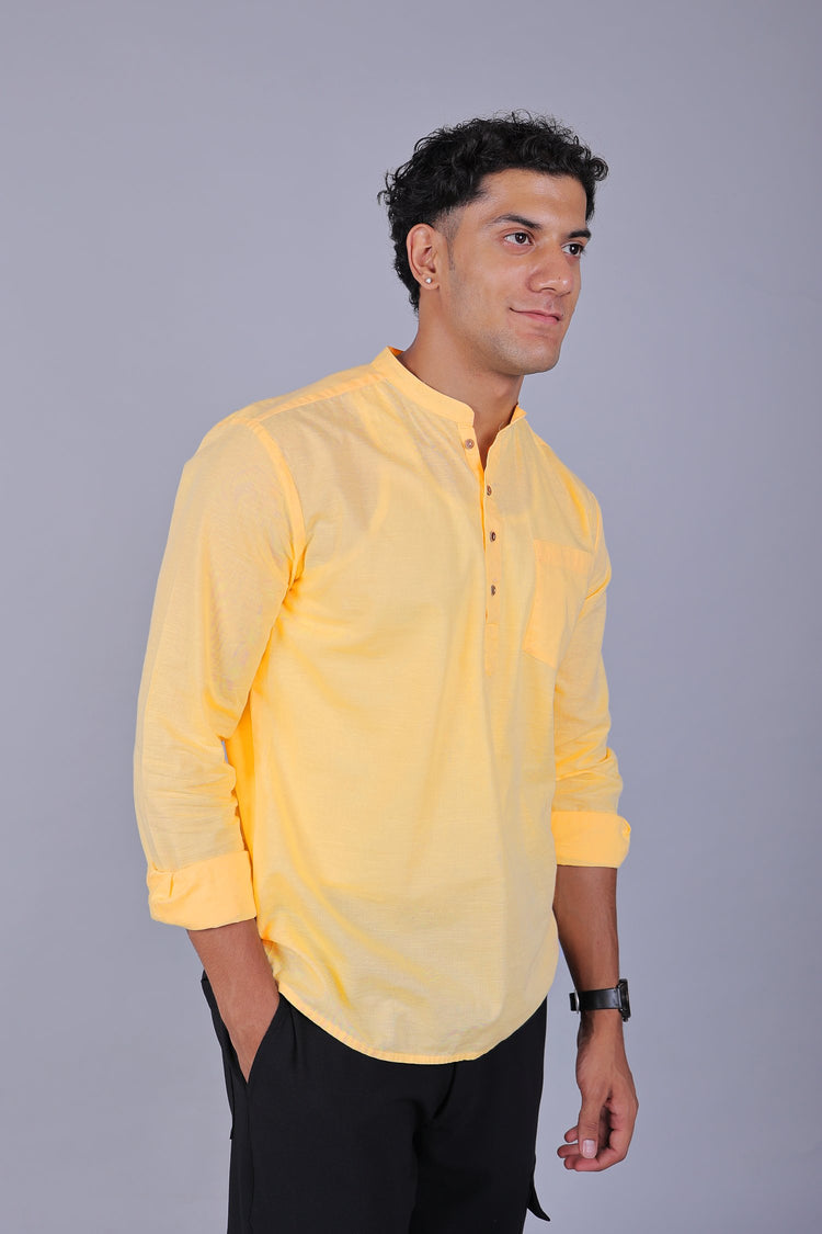 Bluebird Men's Short Kurta in Yellow - 100% Pure Cotton