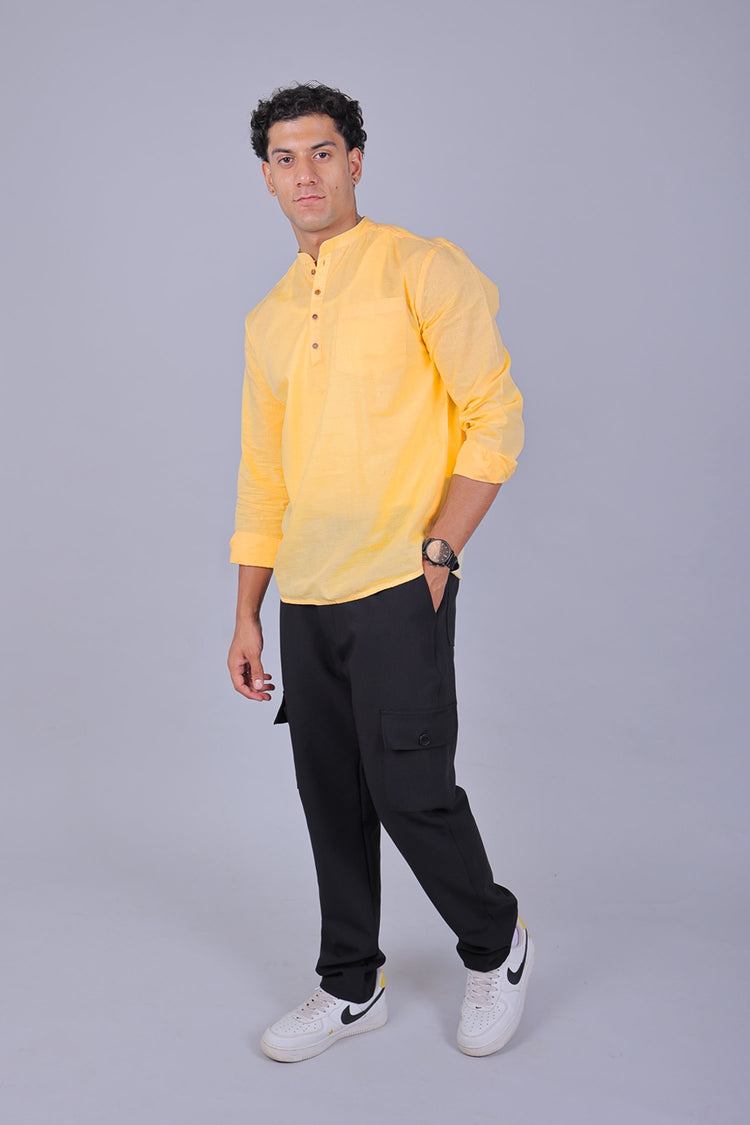 Bluebird Men's Short Kurta in Yellow - 100% Pure Cotton