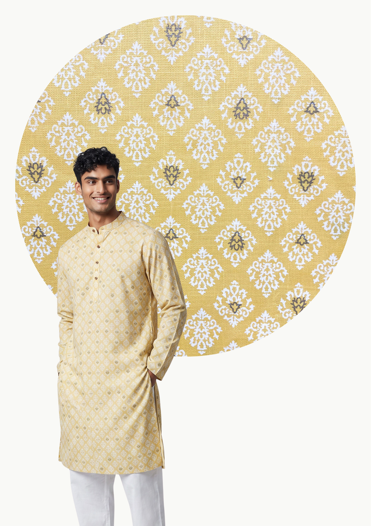 Veshbhoshaa Men's Soft Yellow Printed Kurta Set