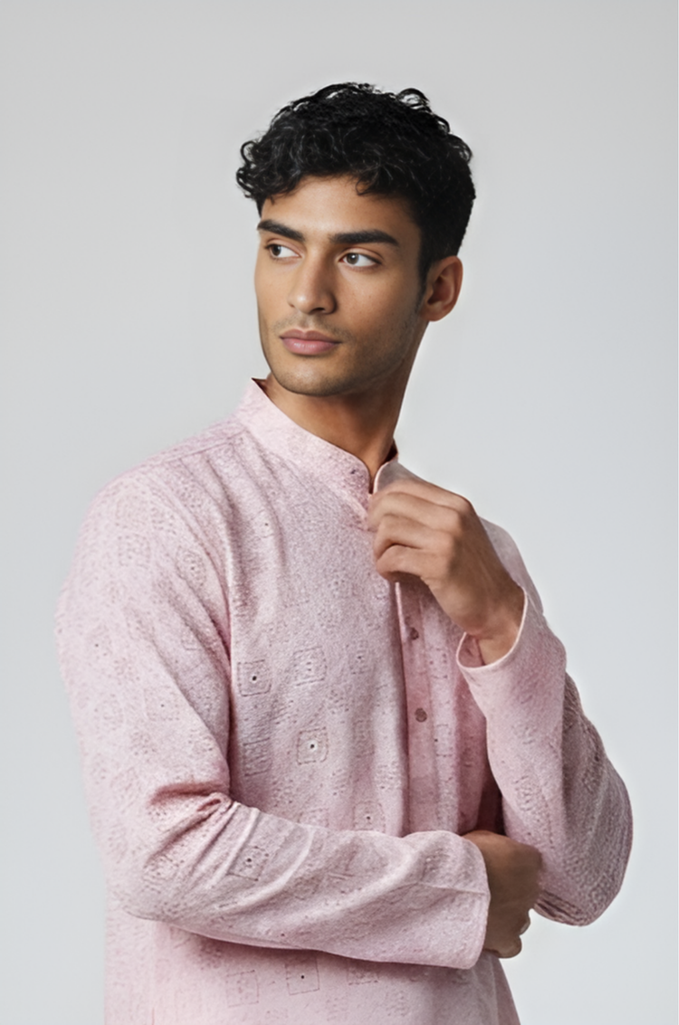 Veshbhoshaa Men's Soft Pink Printed Kurta Set