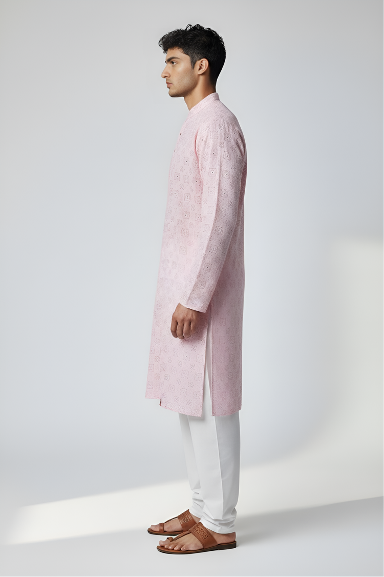 Veshbhoshaa Men's Soft Pink Printed Kurta Set