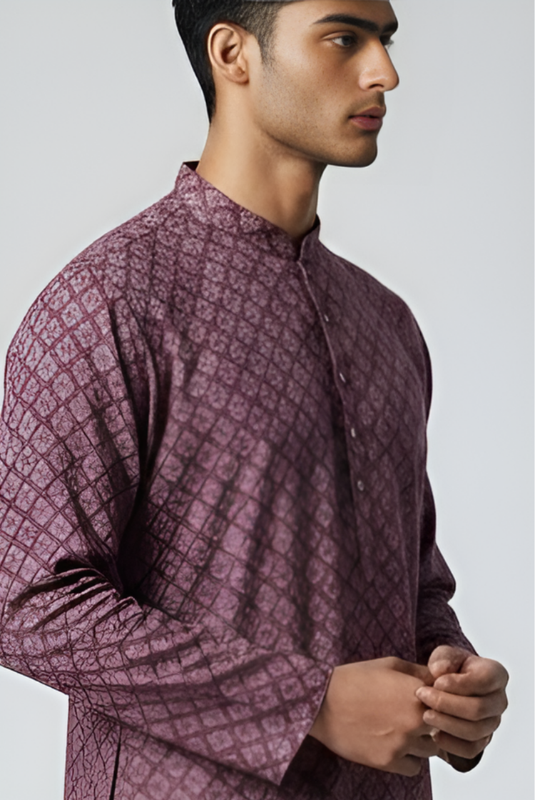 Veshbhoshaa Men's Wine Printed Kurta Set