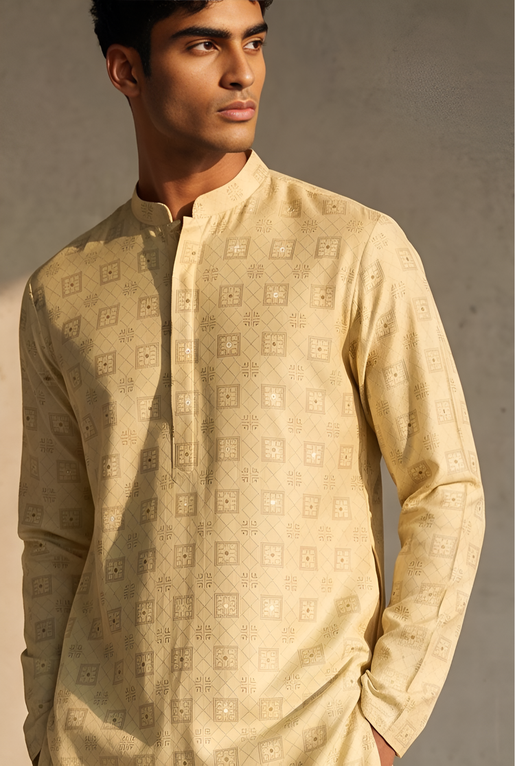 Veshbhoshaa Men's Soft Yellow Printed Kurta Set