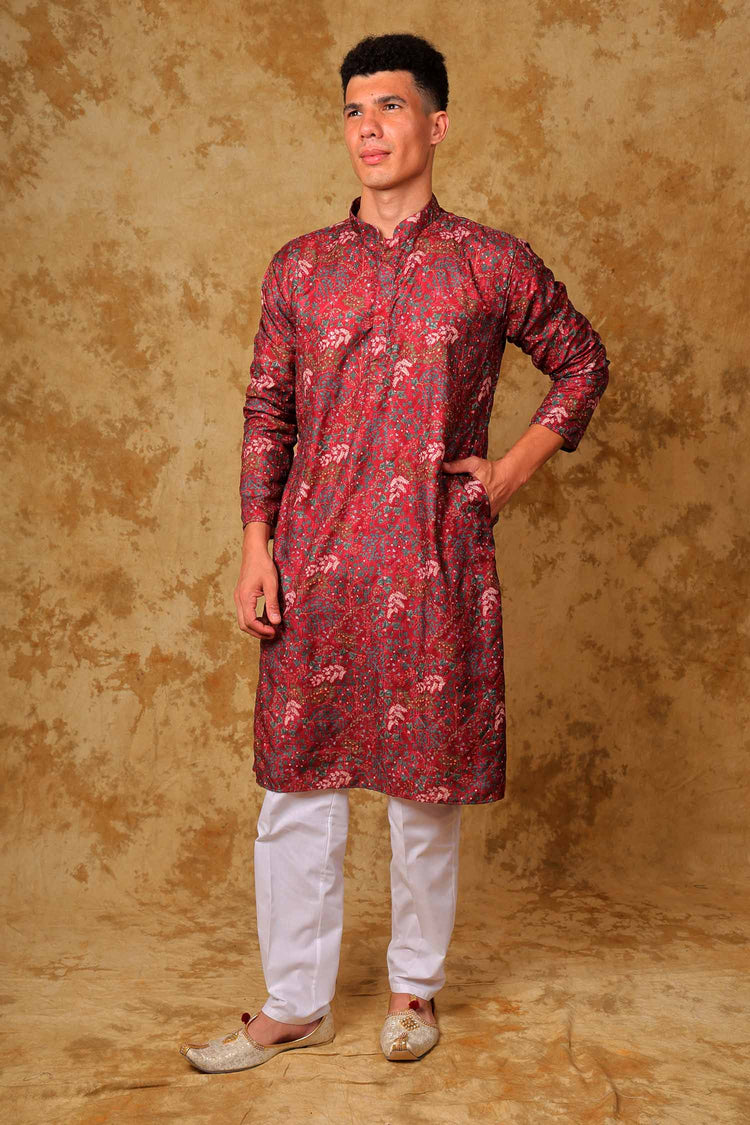 Bluesaanchi Sequined Chikan Print Traditional Maroon Kurta Set