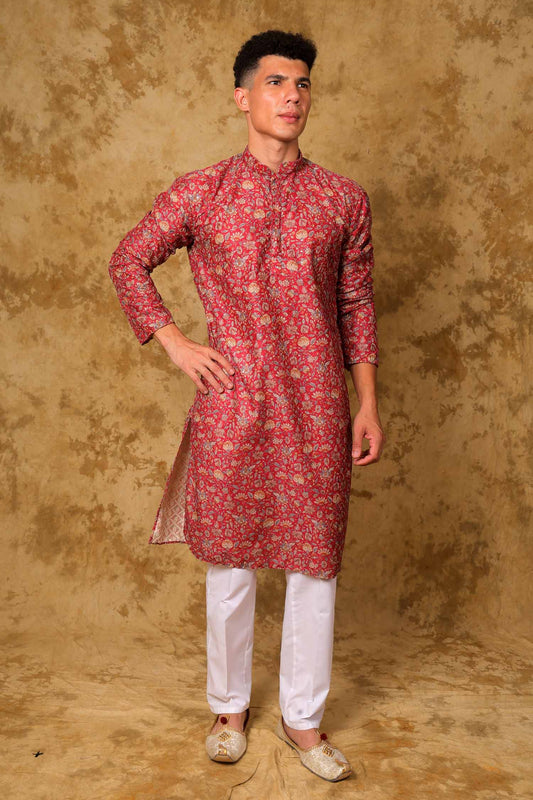 Bluesaanchi Sequined Chikan Print Traditional Red Kurta Set