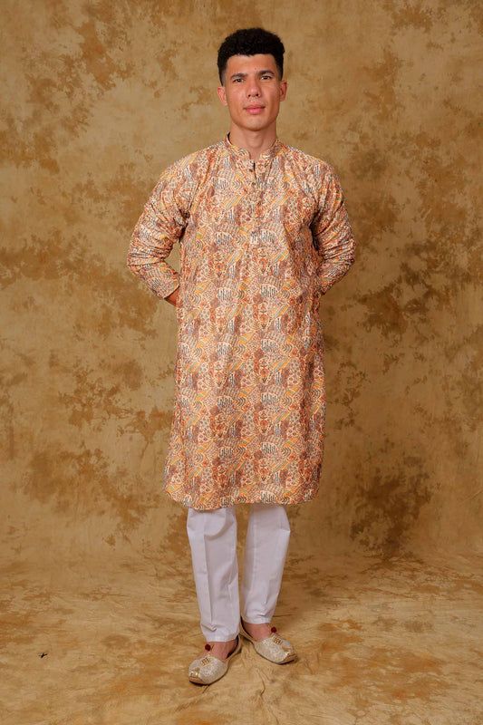 Bluesaanchi Sequined Chikan Print Traditional Yellow Kurta Set