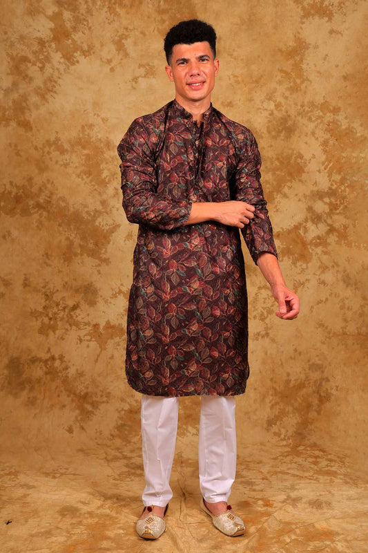 Bluesaanchi Sequined Chikan Print Traditional Brown Kurta Set