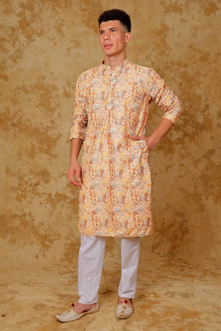 Bluesaanchi Sequined Chikan Print Traditional Yellow Kurta Set