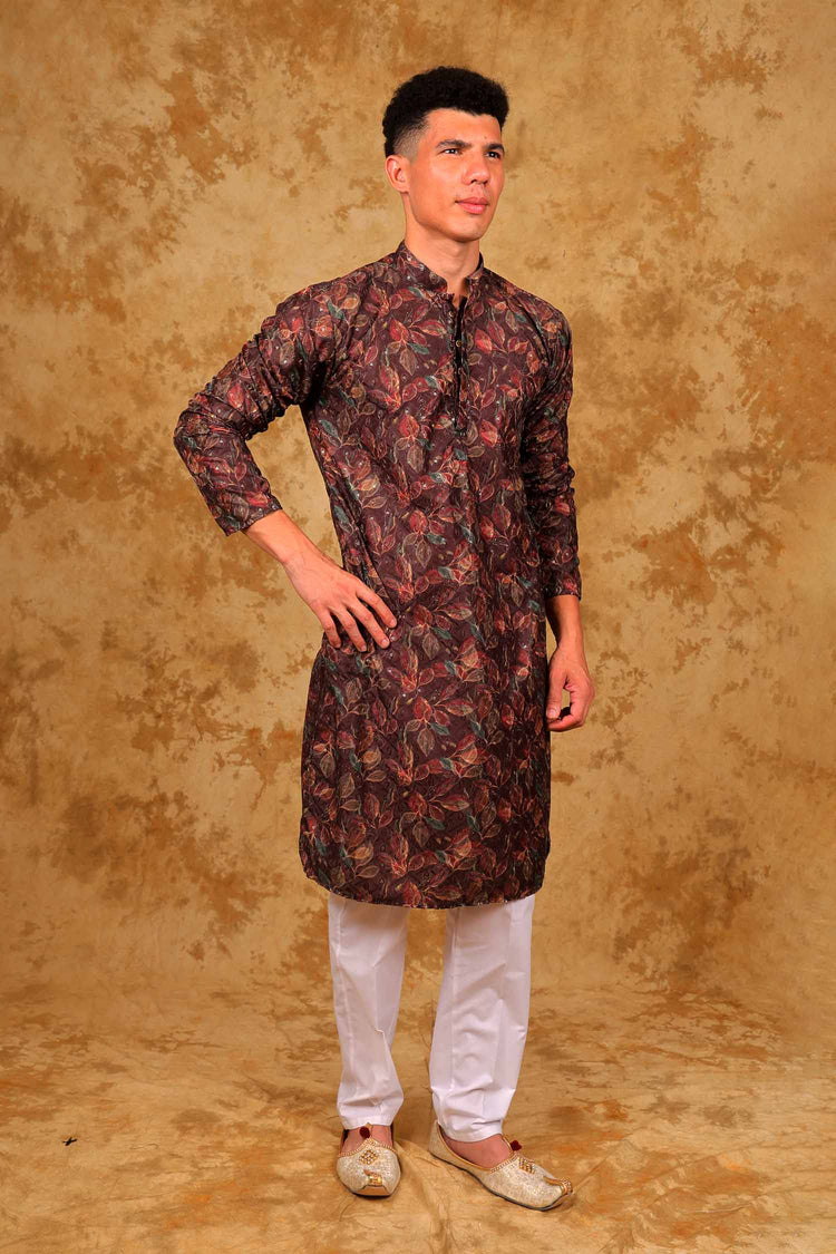 Bluesaanchi Sequined Chikan Print Traditional Brown Kurta Set