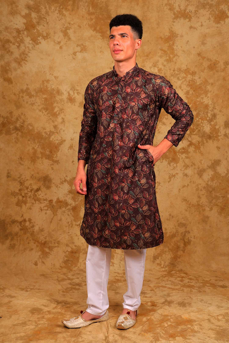 Bluesaanchi Sequined Chikan Print Traditional Brown Kurta Set