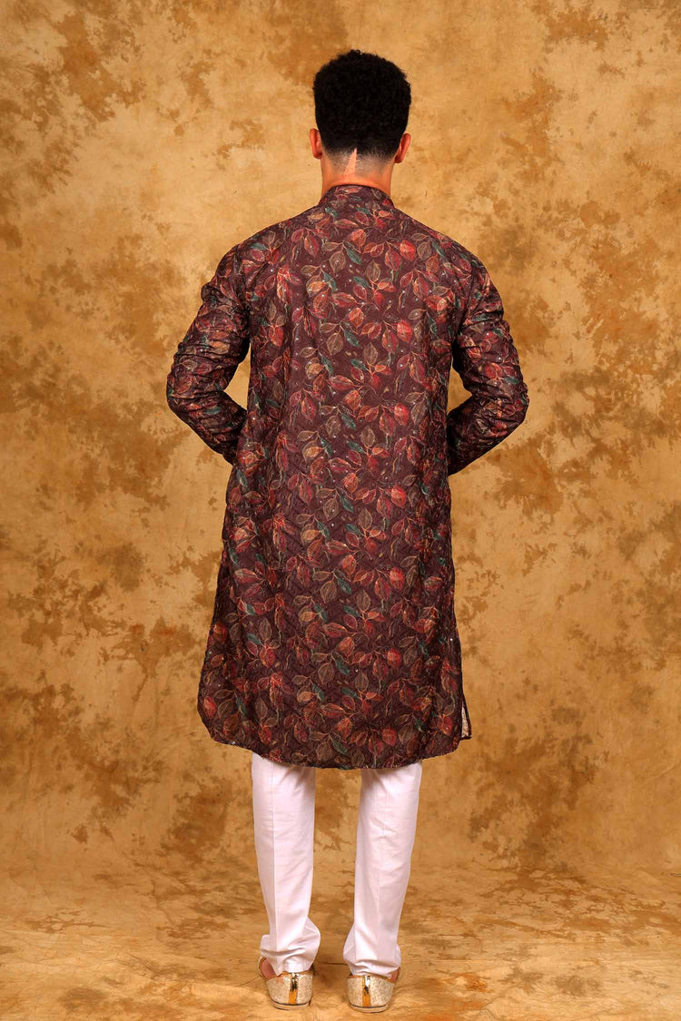 Bluesaanchi Sequined Chikan Print Traditional Brown Kurta Set