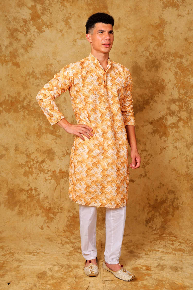 Bluesaanchi Sequined Chikan Print Traditional Yellow And White Kurta Set