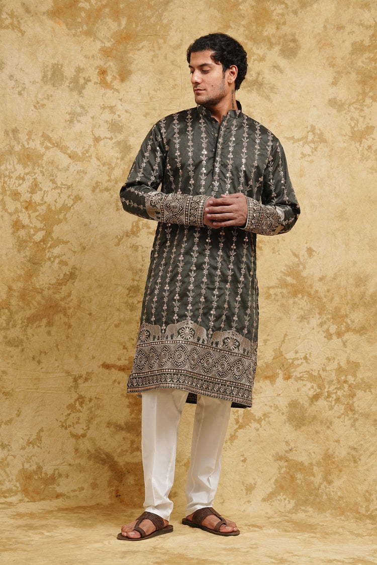 Green Elephant Embroidered Kurta Set – Regal Evening Edition