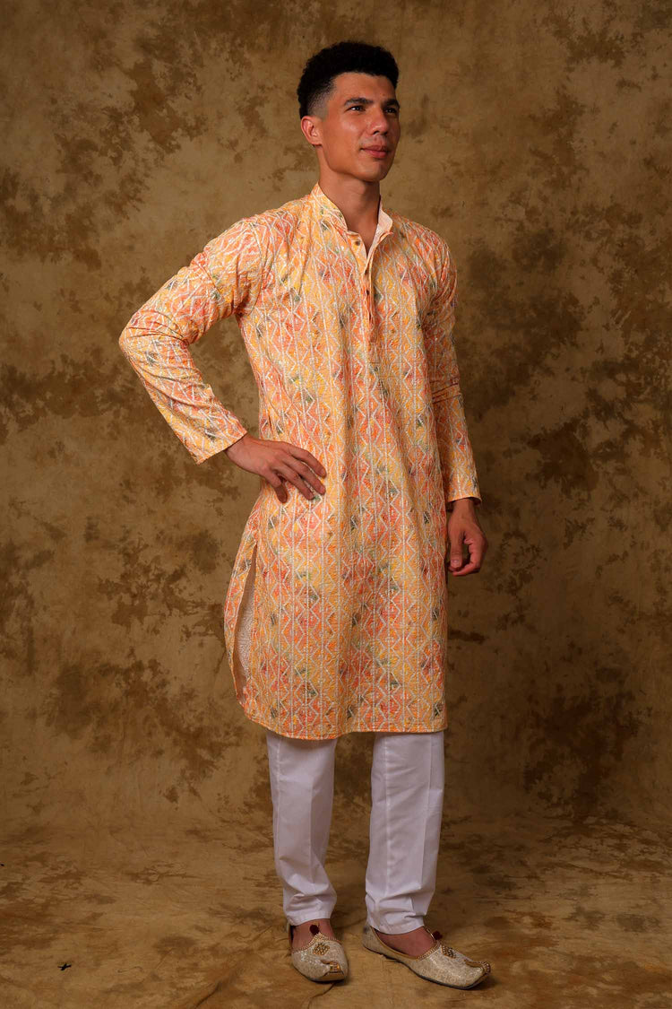 Bluesaanchi Sequined Chikan Print Traditional Mango Yellow Kurta Set