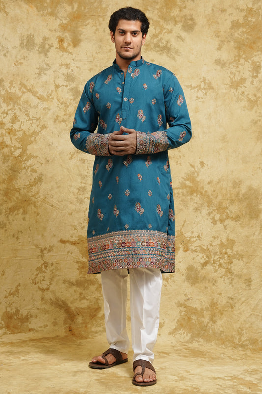 Teal Zari Butti Jaipuri Silk Blend Kurta Set – Wedding Edition
