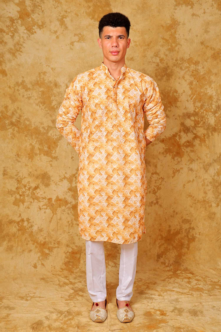 Bluesaanchi Sequined Chikan Print Traditional Yellow And White Kurta Set