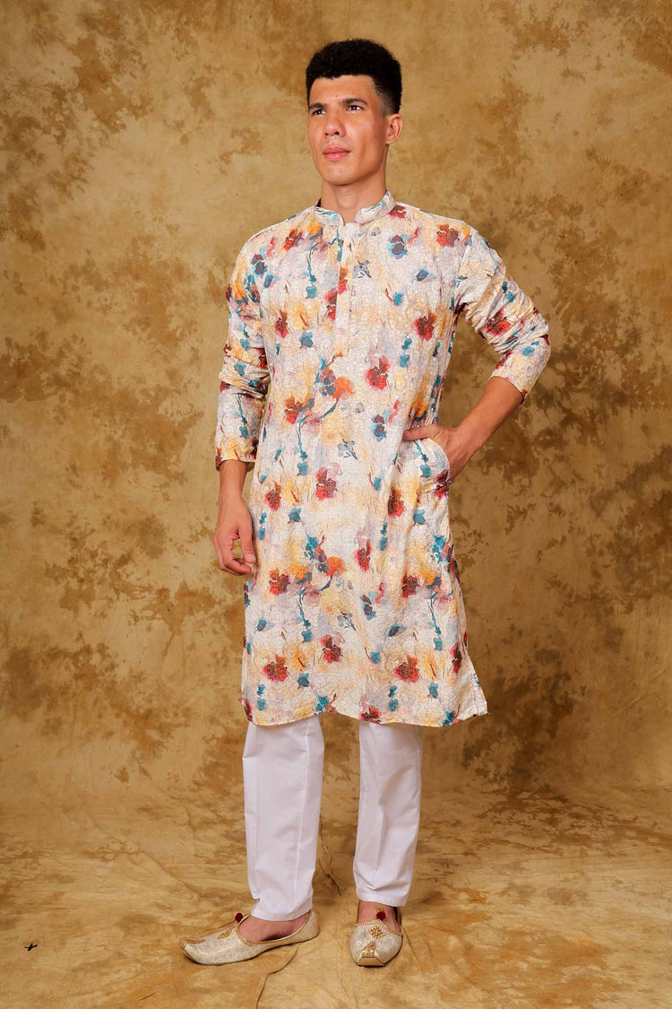 Bluesaanchi Sequined Chikan Print Traditional White Kurta Set