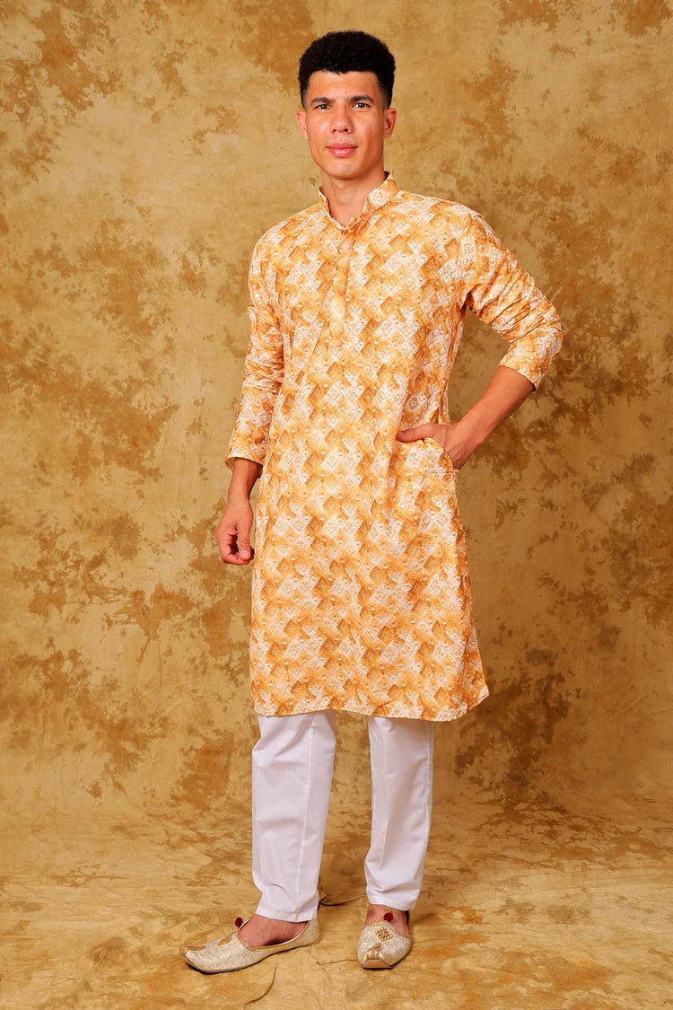 Bluesaanchi Sequined Chikan Print Traditional Yellow And White Kurta Set