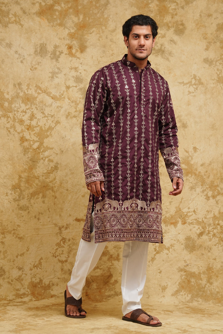 Maroon Elephant Embroidered Kurta Set – Wedding Heritage Edition