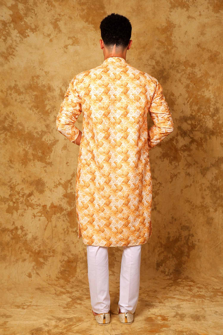 Bluesaanchi Sequined Chikan Print Traditional Yellow And White Kurta Set