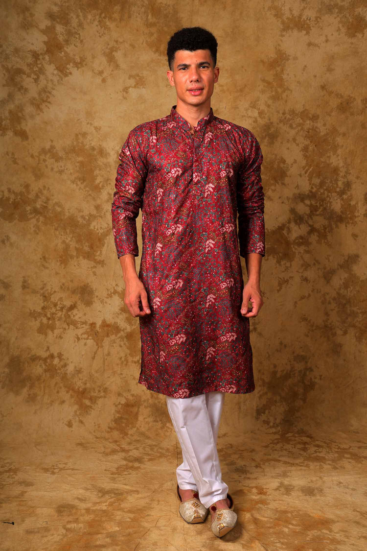 Bluesaanchi Sequined Chikan Print Traditional Maroon Kurta Set