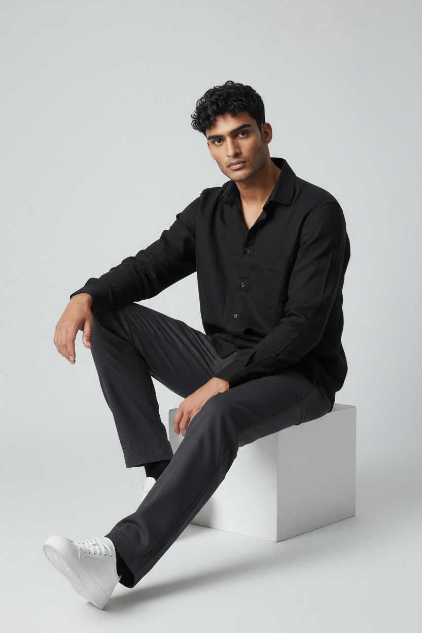 Bluebird Men's Black Linen Tencil Shirt